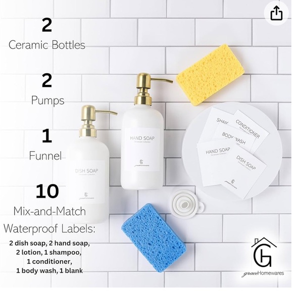 Set of 2 Ceramic Soap Dispensers NIB w/ waterproof Labels - Picture 2 of 4